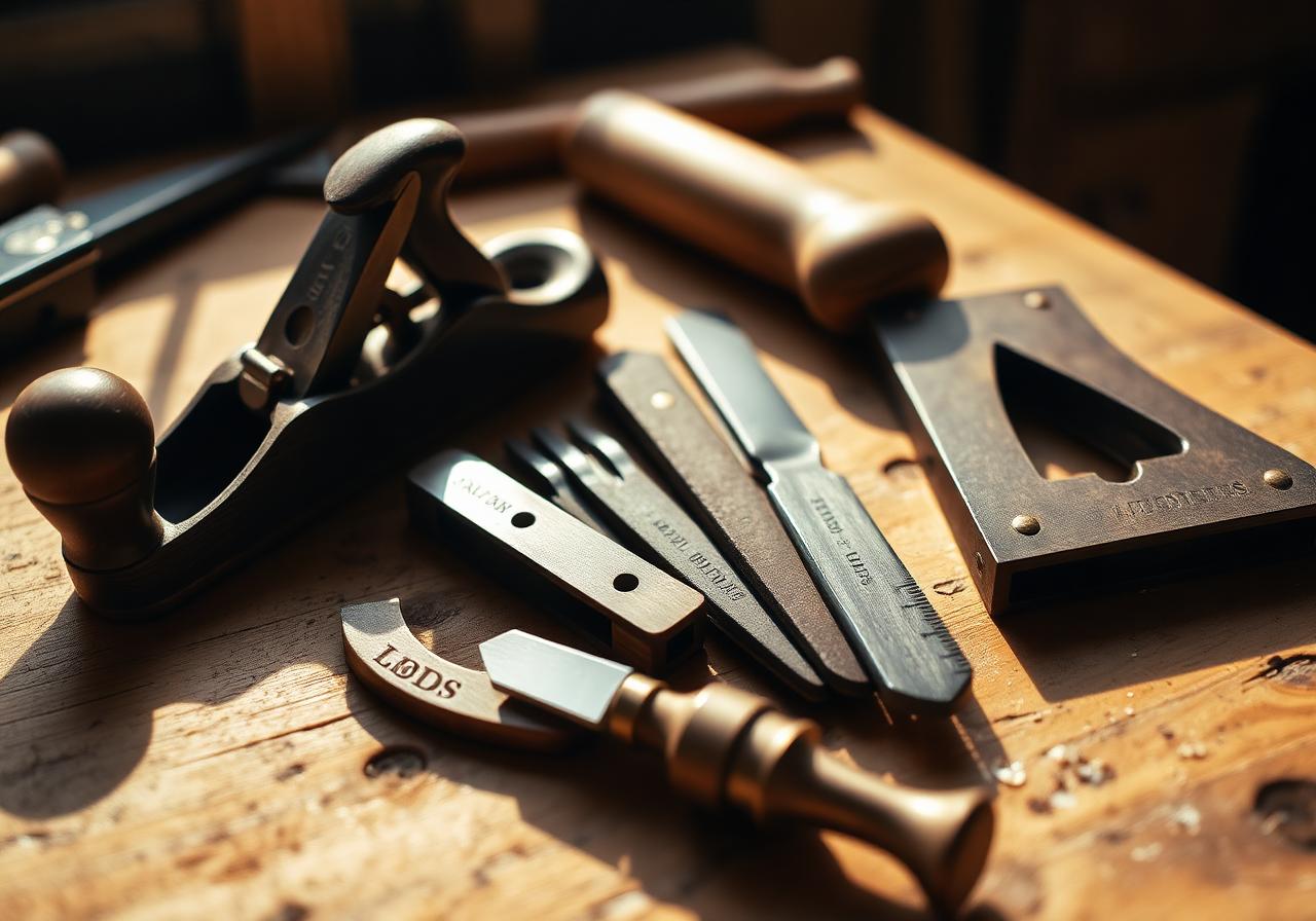 Traditional hand tools arranged on a warm wooden workbench
