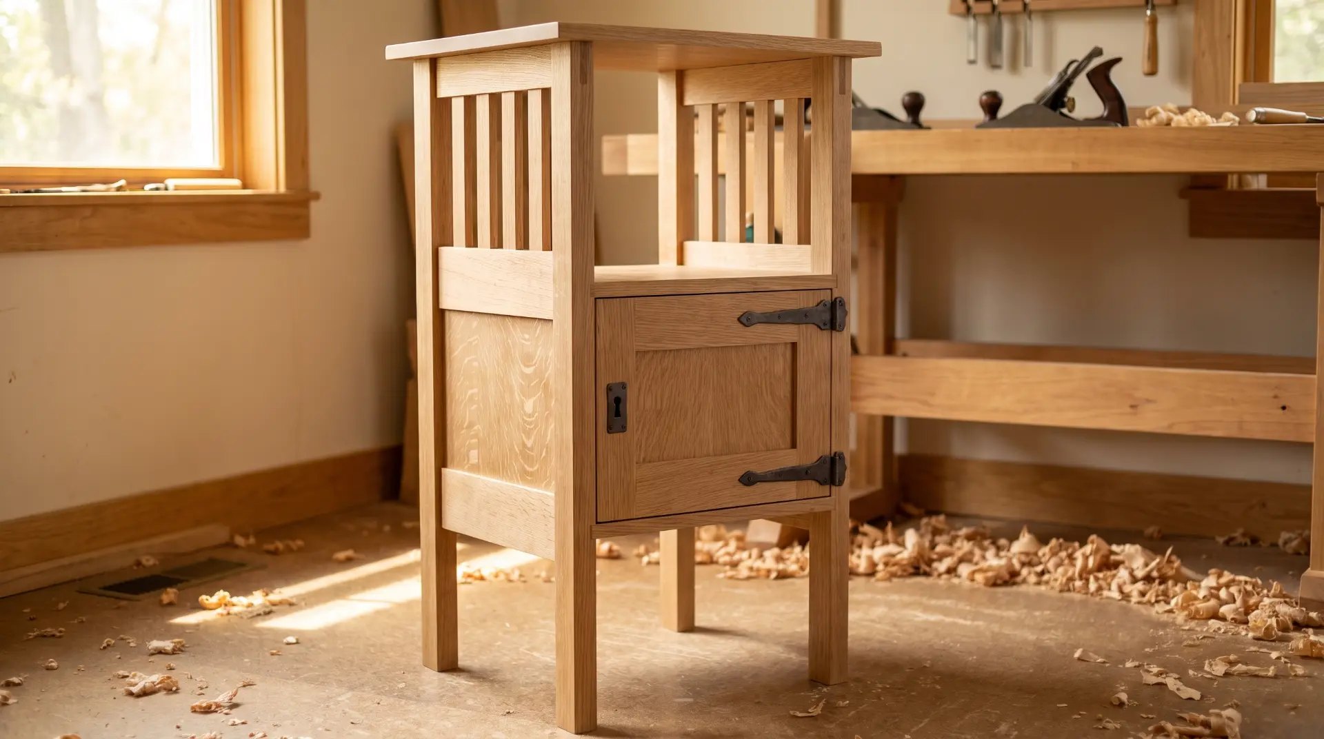 Compact Mission oak buffet cabinet with single frame-and-panel door and brass hardware