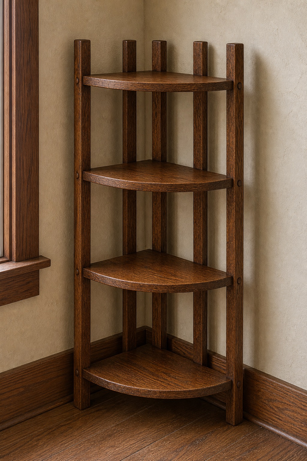 Finished oak quarter-circle corner shelf mounted in a room corner with no visible hardware