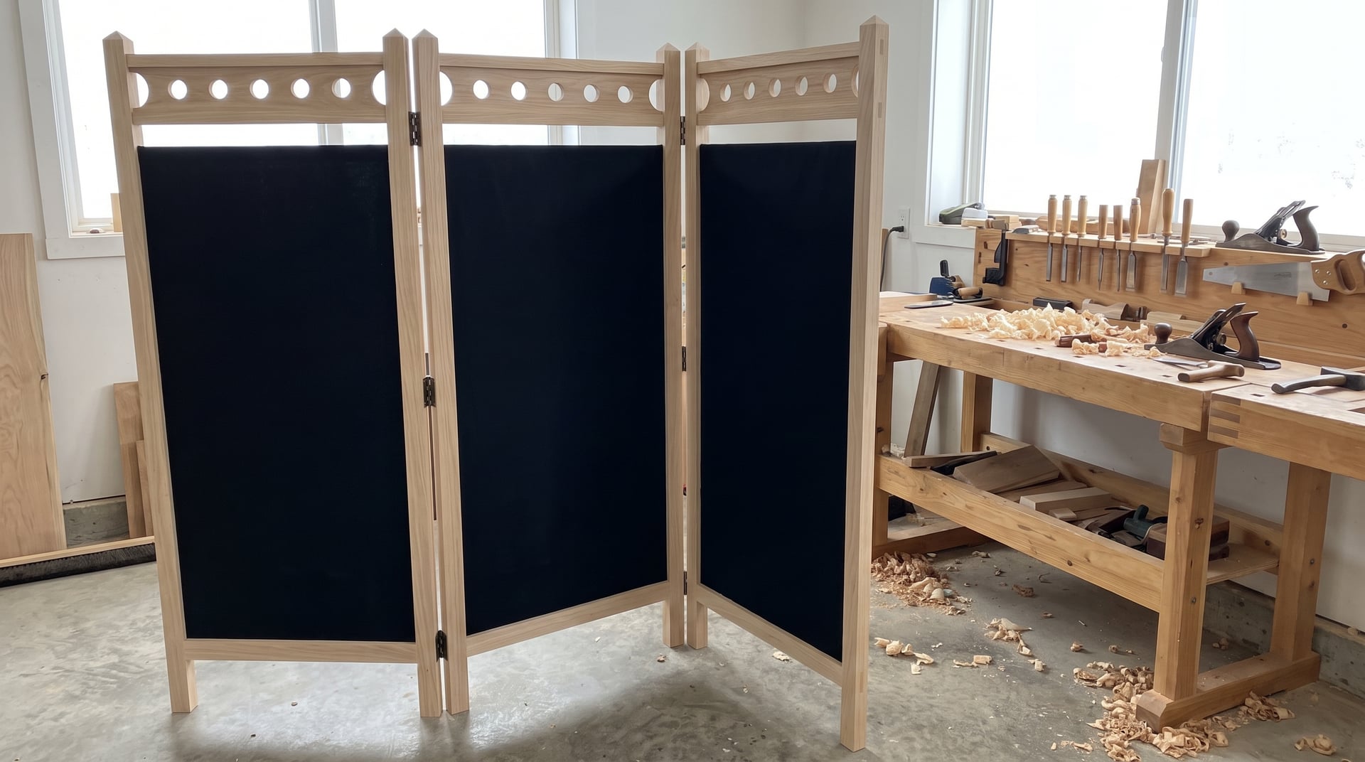 Three section Mission style folding screen in pale natural oak standing in a zigzag, pierced wood panels above dark cloth fields