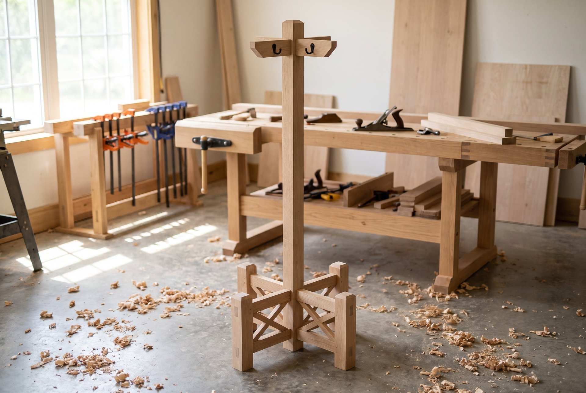 Mission style hall tree in pale unstained oak, one tall square post with four short cross posts, angled braces and beveled tops, four metal hooks