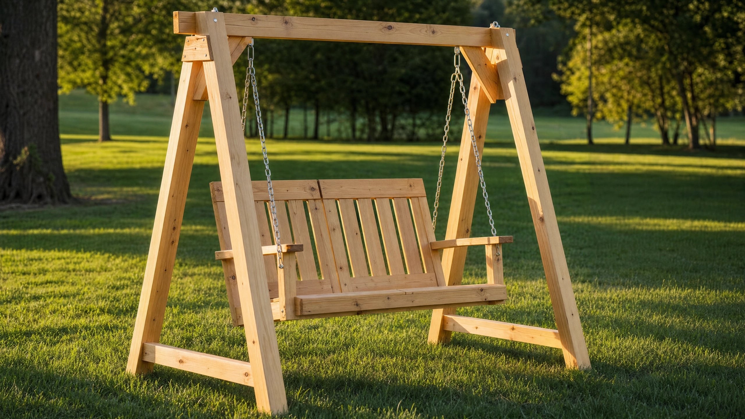 Freestanding A-frame lawn swing built from pine