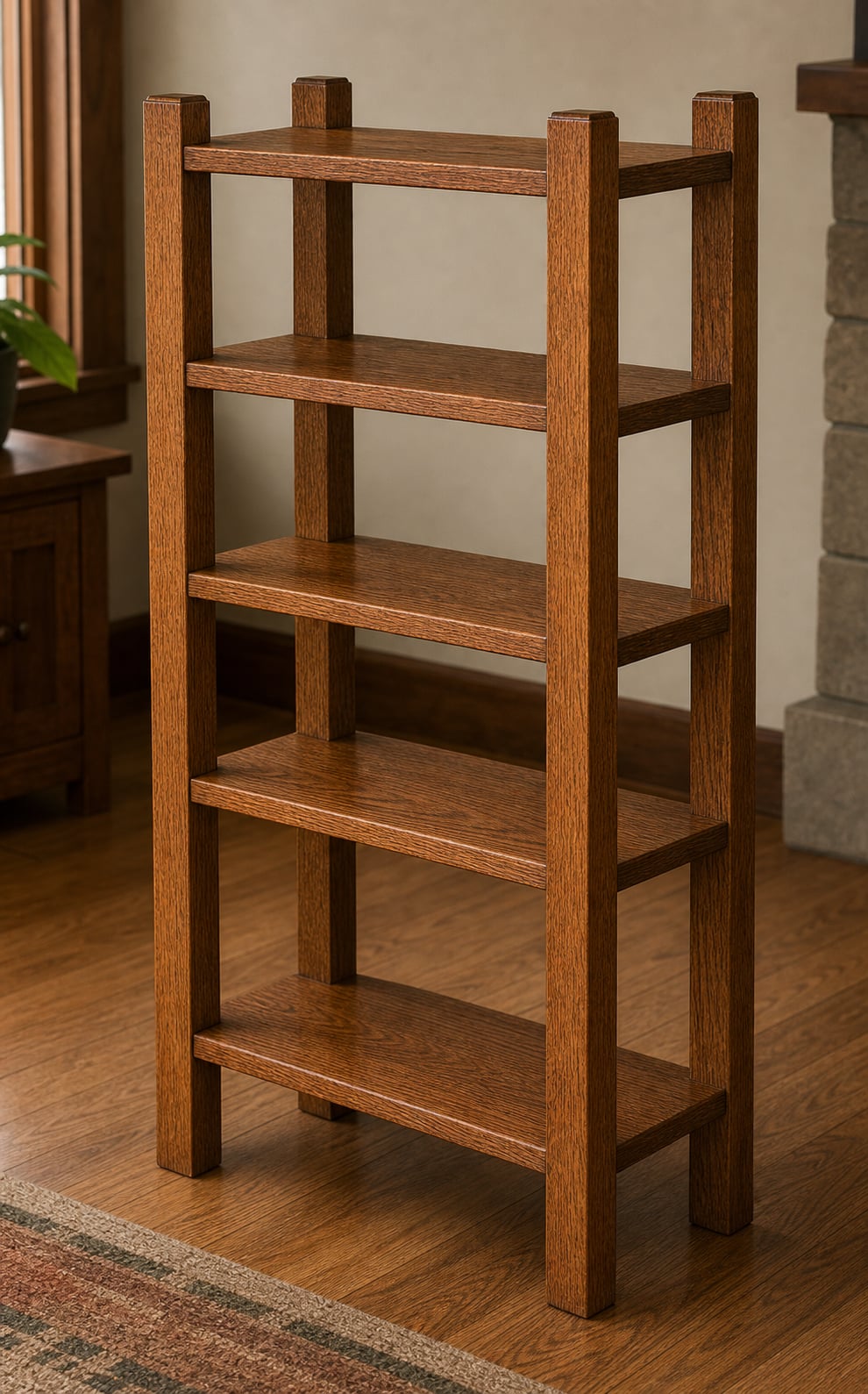 Mission-style oak magazine rack with four posts and five shelves
