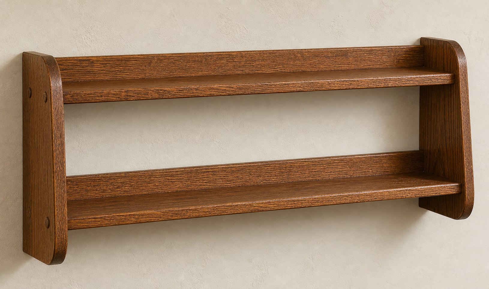 Finished Mission-style wall shelf with two shelves and straight side panels