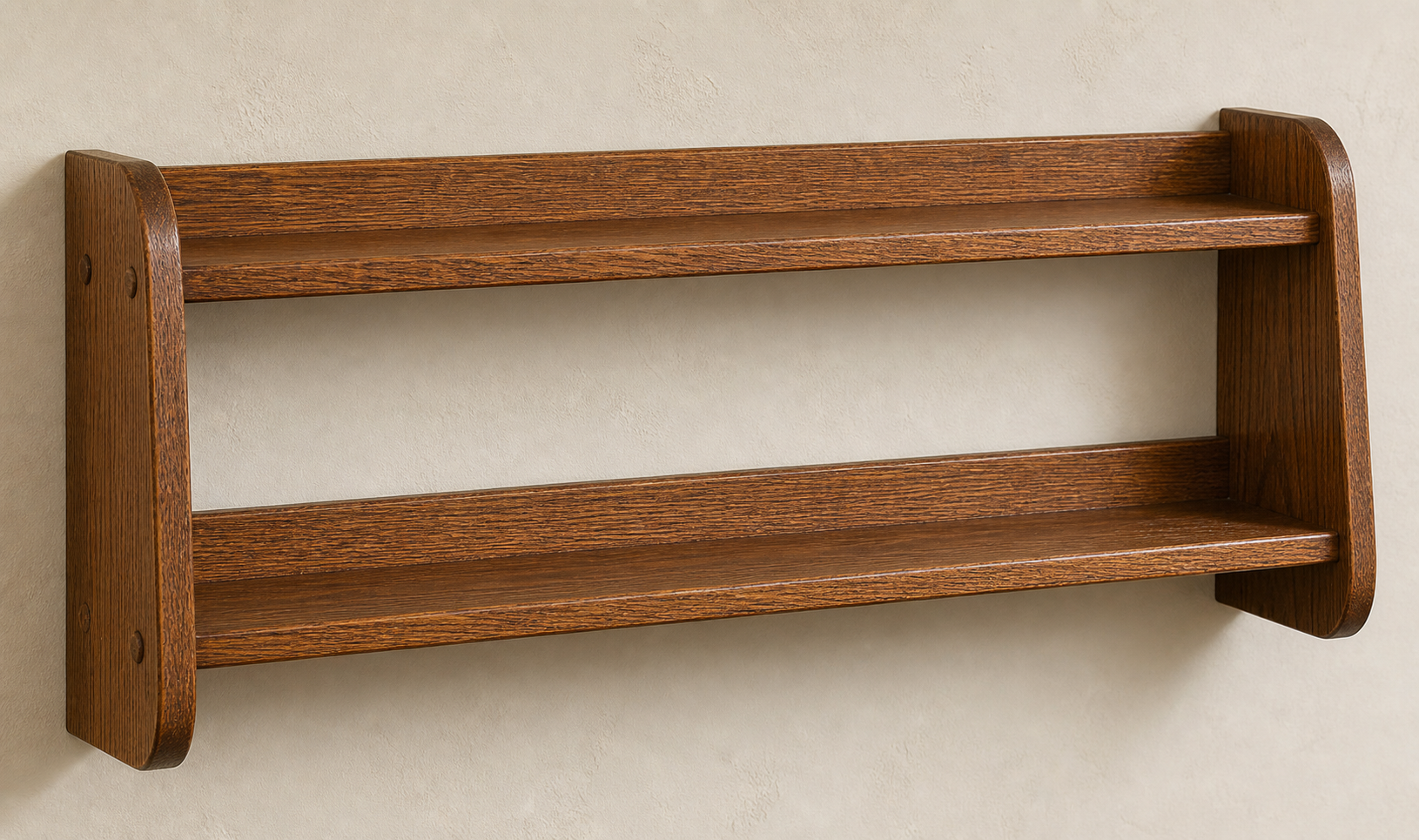 Finished Mission-style wall shelf with two shelves and straight side panels