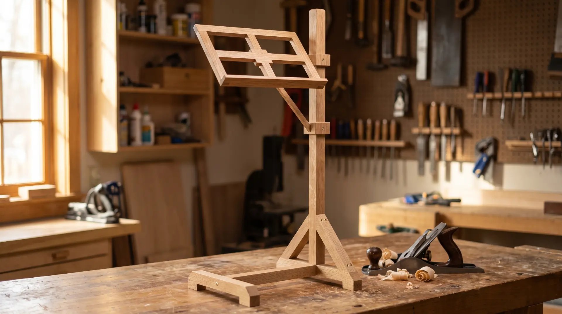 Oak music and reading stand with tilting top and brass adjustment rod