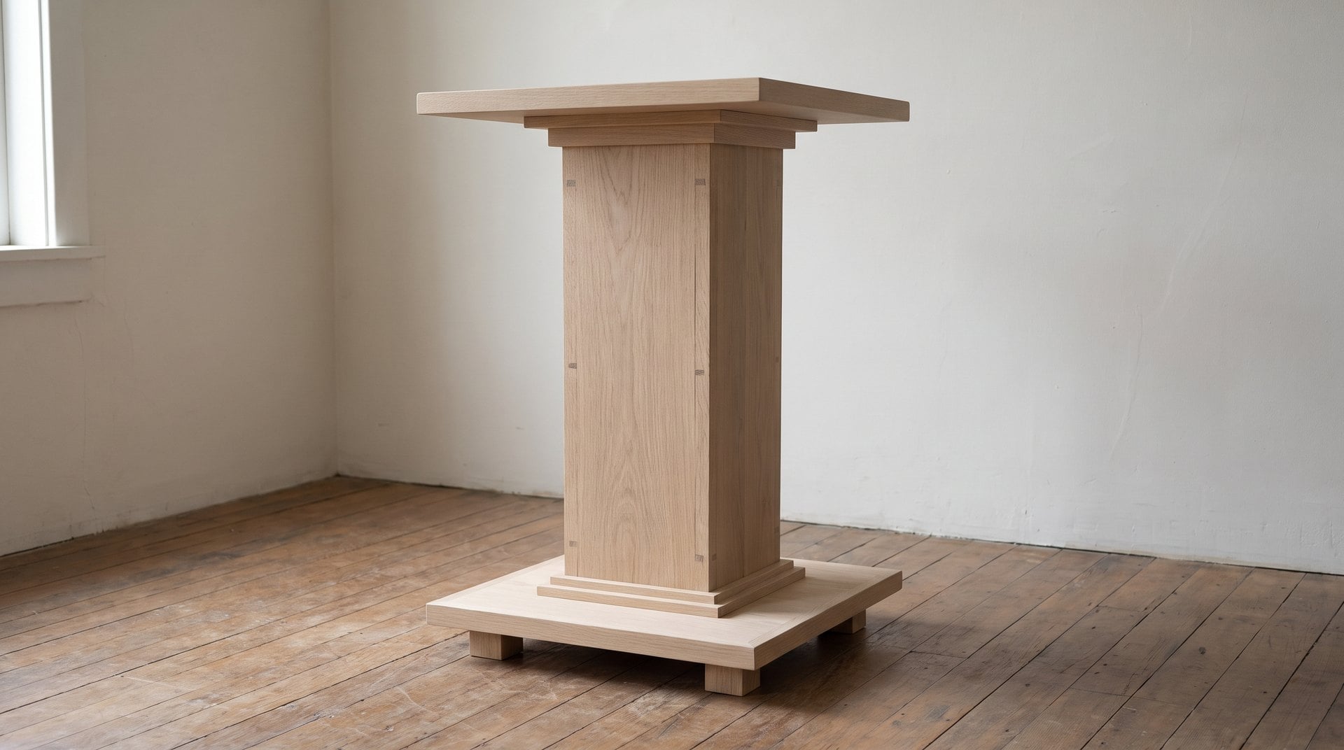 Mission style hollow oak pedestal, twenty-six inches tall, with a square twelve-inch top and base overhanging the post and mitered trim frames beneath each