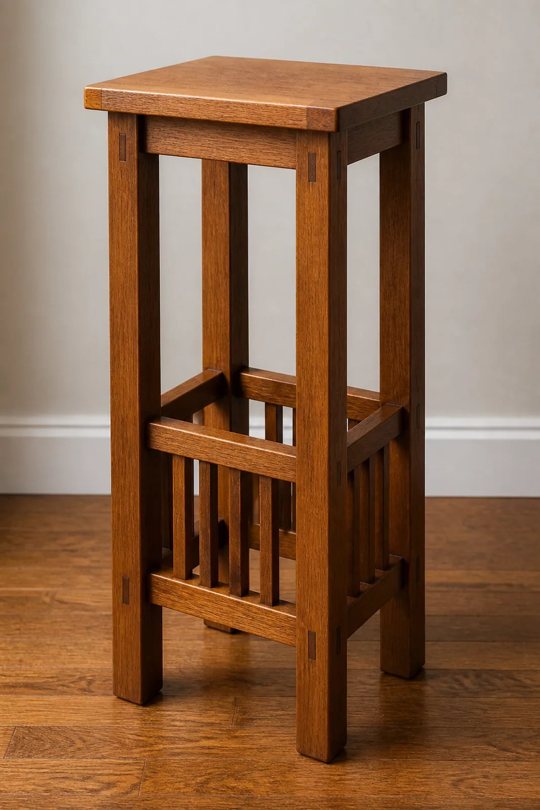 Mission-style quartersawn oak plant stand with slatted sides and a fern