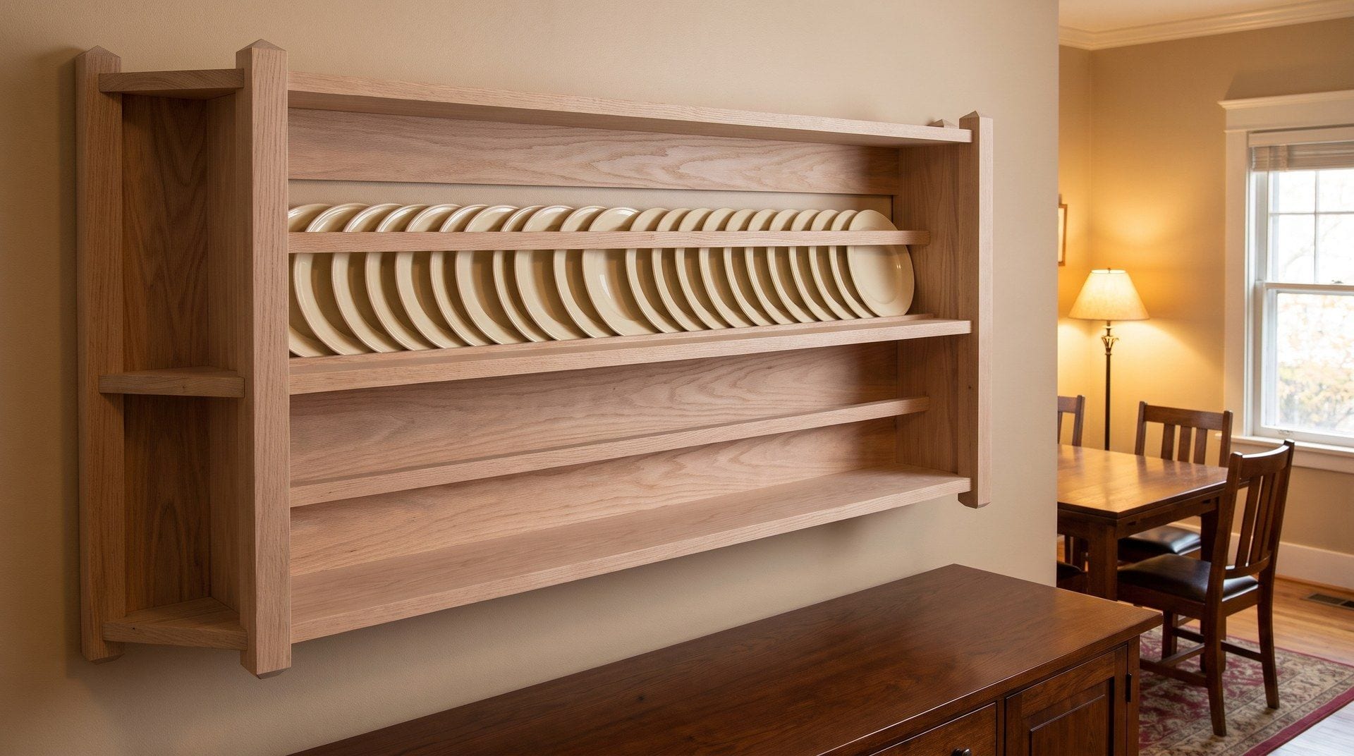 Wall mounted Mission style plate rack in pale unstained oak, forty-eight inches wide, four posts with beveled tops, two plate rails holding upright plates and four small side shelves