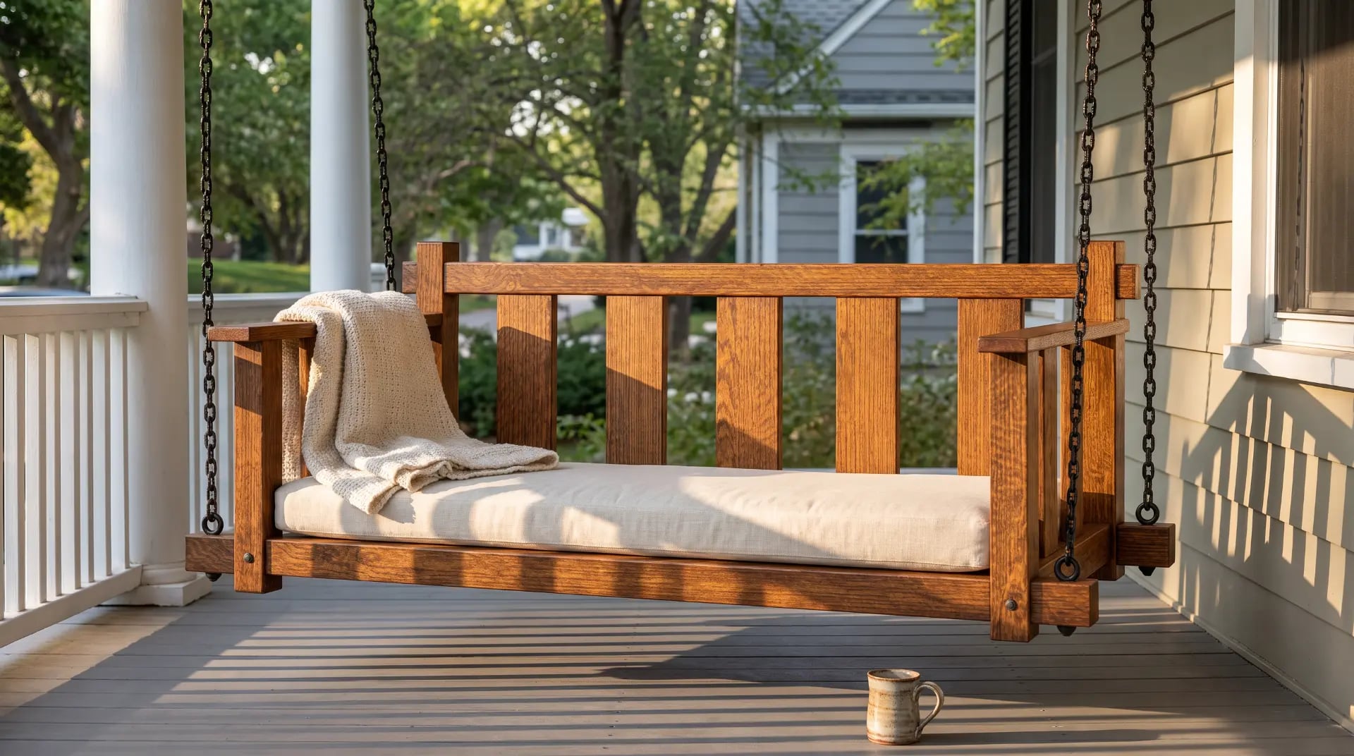 Mission style slatted porch swing with a linen cushion, hanging from four chains on a covered porch