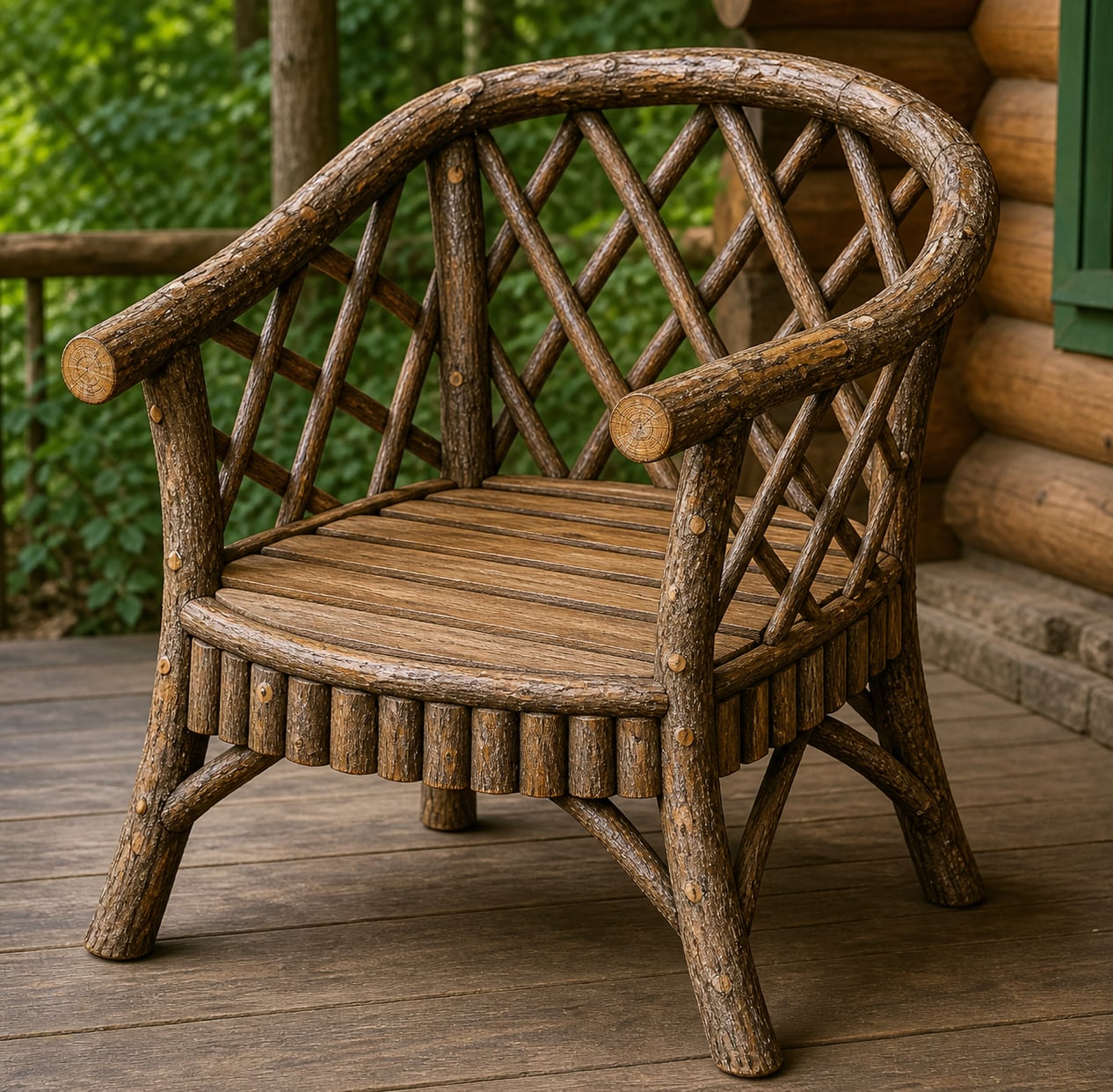Rustic branch armchair built from natural branches and dowel joints
