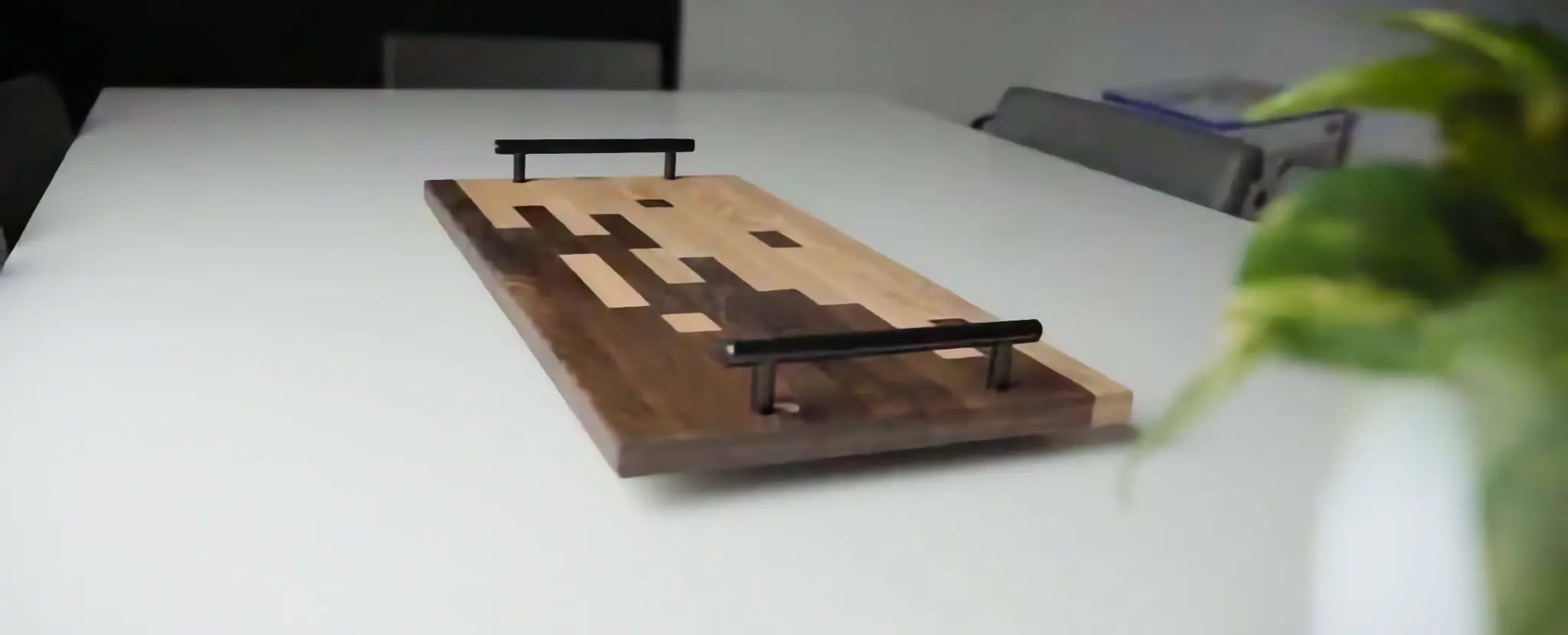 Mosaic scrap wood cutting board made from maple, walnut, and cherry