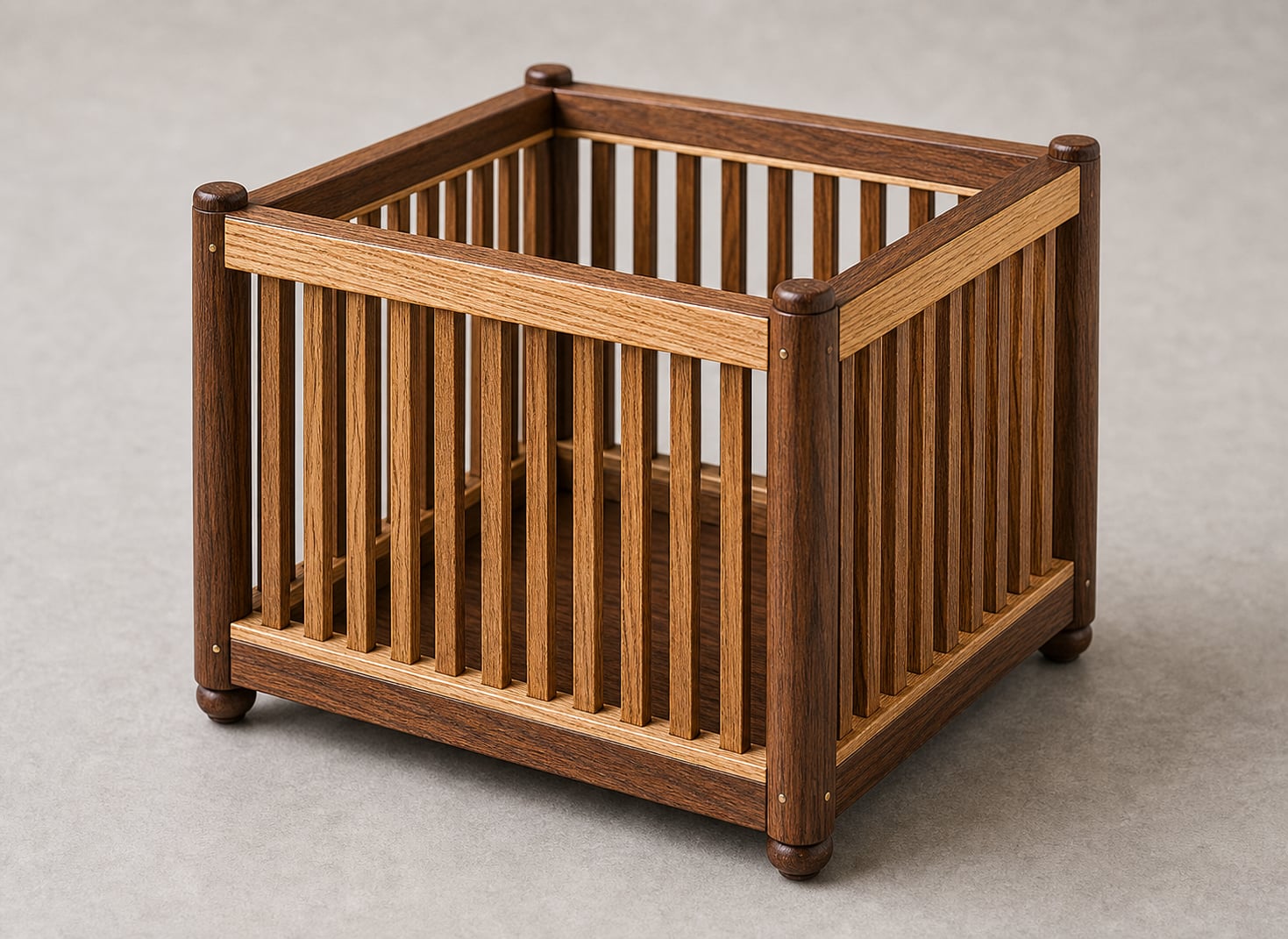 Walnut and ash sewing box with slatted sides and round corner posts on a workbench