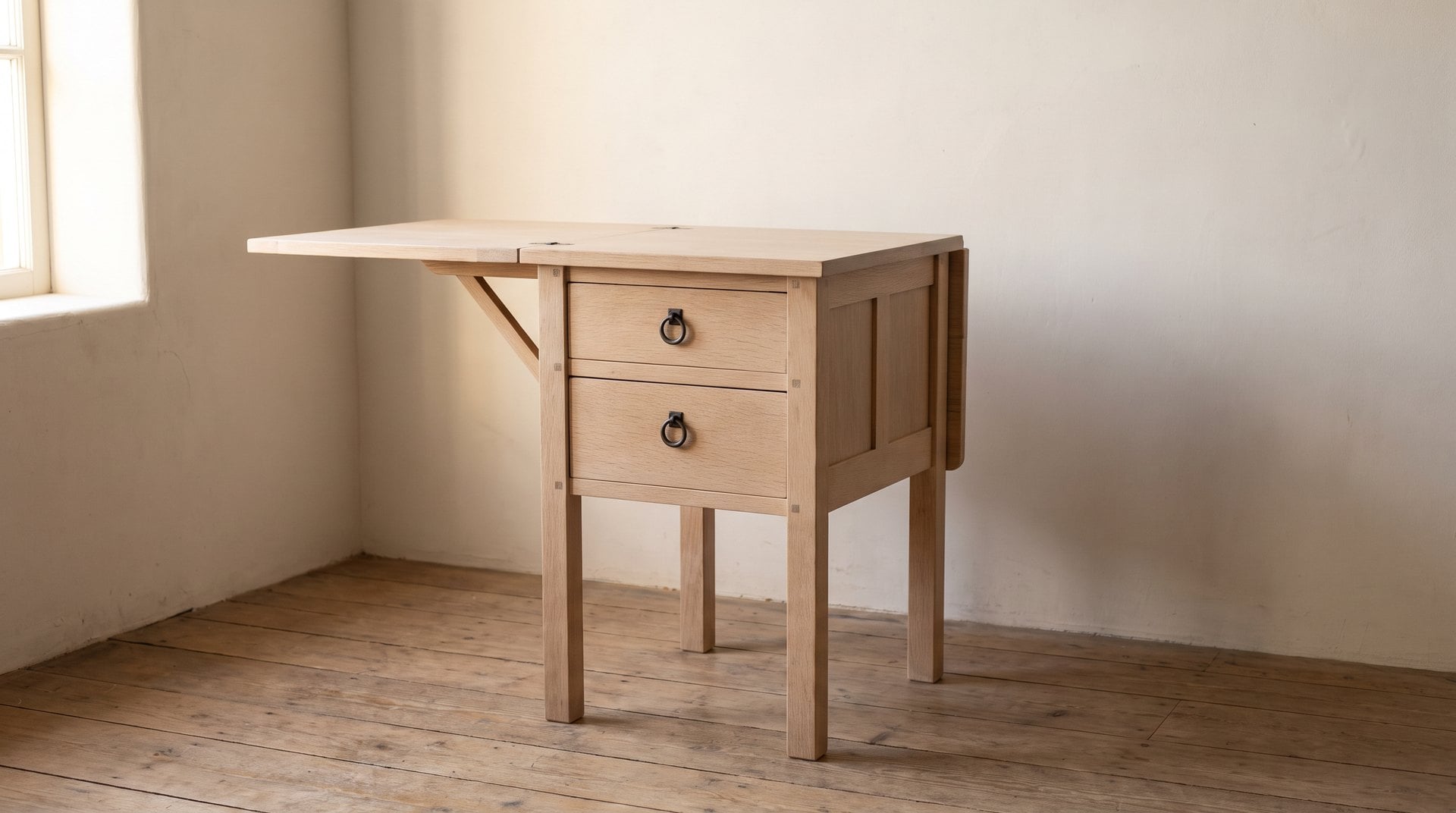 Mission style sewing table in pale unstained oak with one drop leaf raised on its hinged bracket, two drawers in the front, and framed panels in the sides