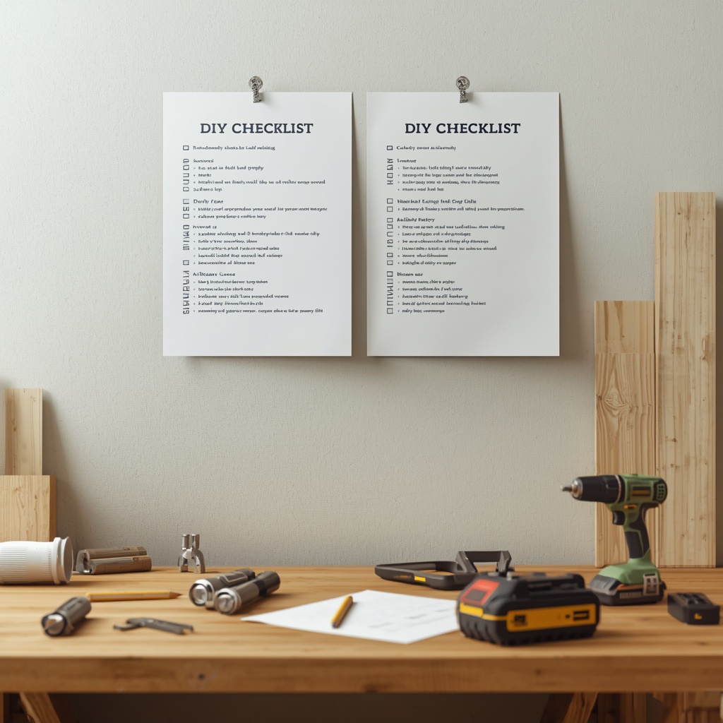 Workbench checklist with flashlight, clamps, and cordless drill battery