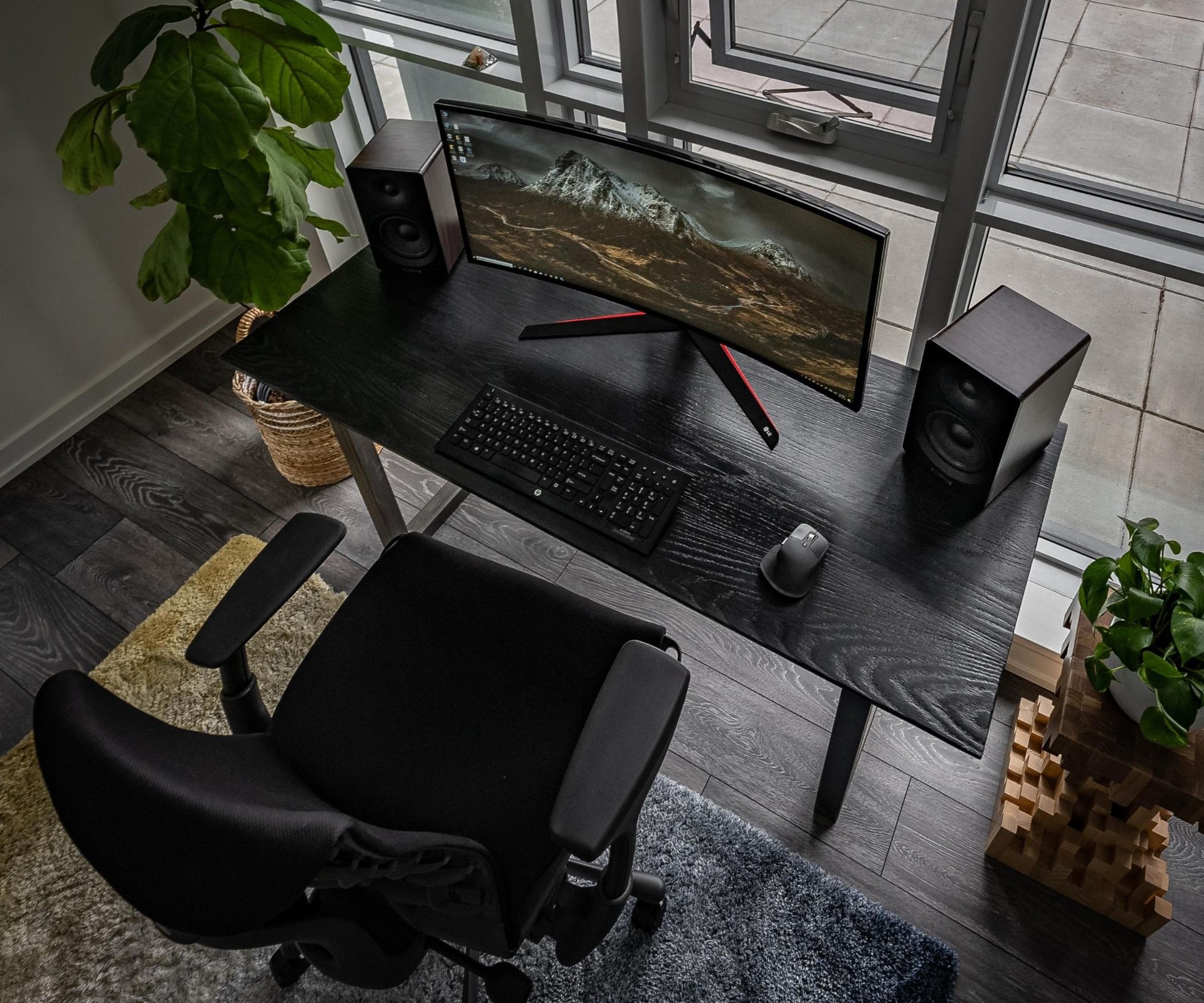 Finished desk with a charred shou sugi ban wood top on metal legs