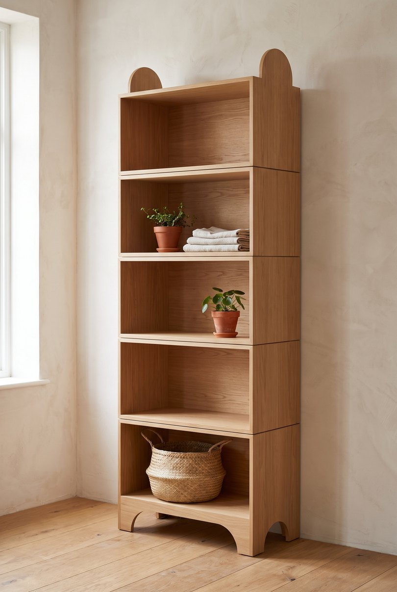 Five oak plywood shelf modules stacked floor to ceiling, the lowest one standing on its two shaped feet