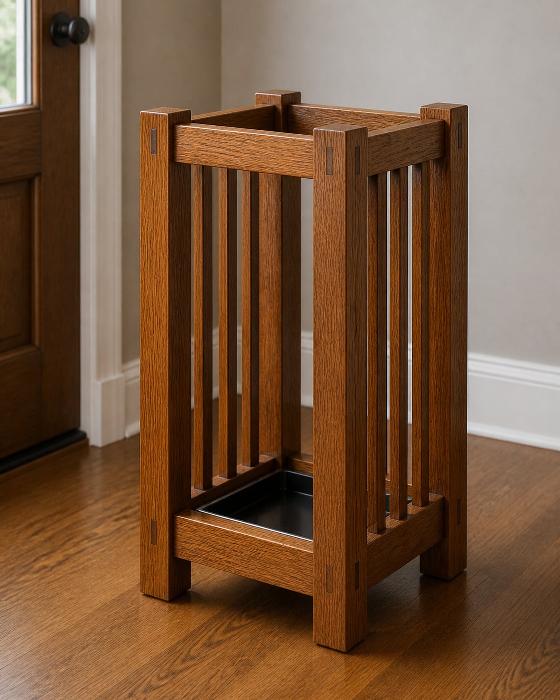 Mission-style quarter-sawn oak umbrella stand with beveled posts by a front door