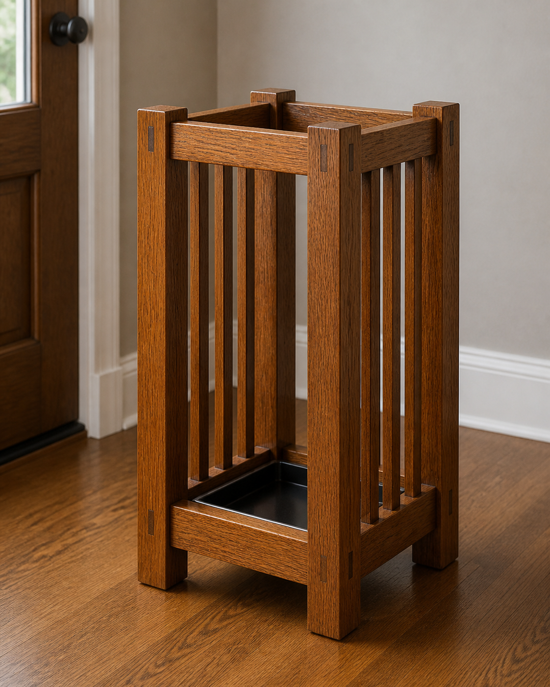 Mission-style quarter-sawn oak umbrella stand with beveled posts by a front door