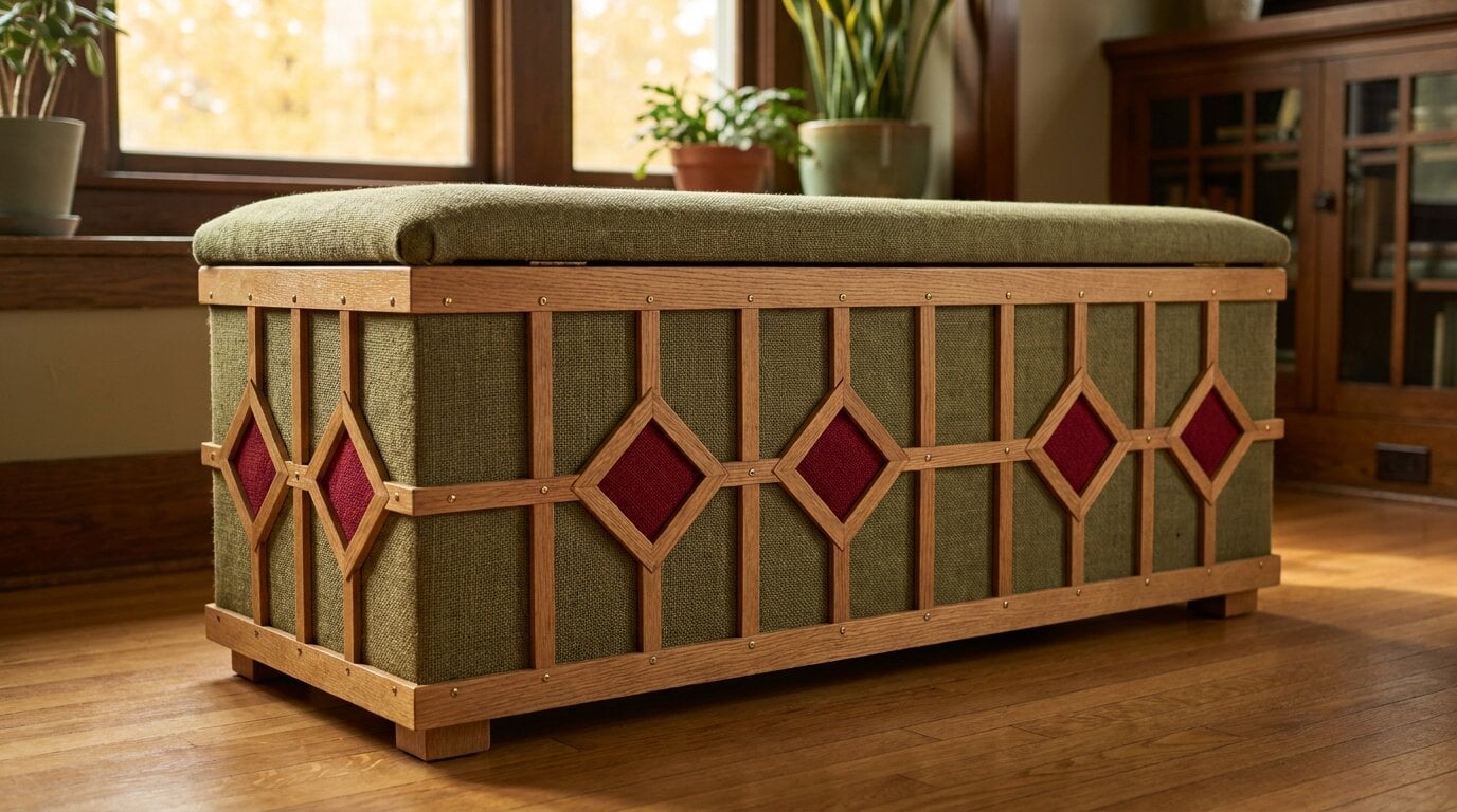 Green burlap-covered cedar window seat chest with red diamond inlays framed by oak strips
