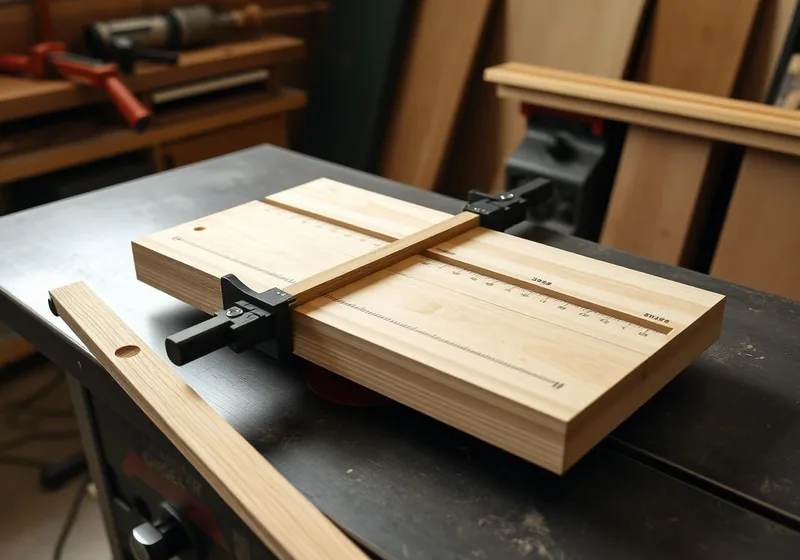 Shop-made crosscut jig clamped to a table saw