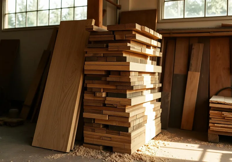 Stack of fresh sawn hardwood lumber boards in a sunlit workshop